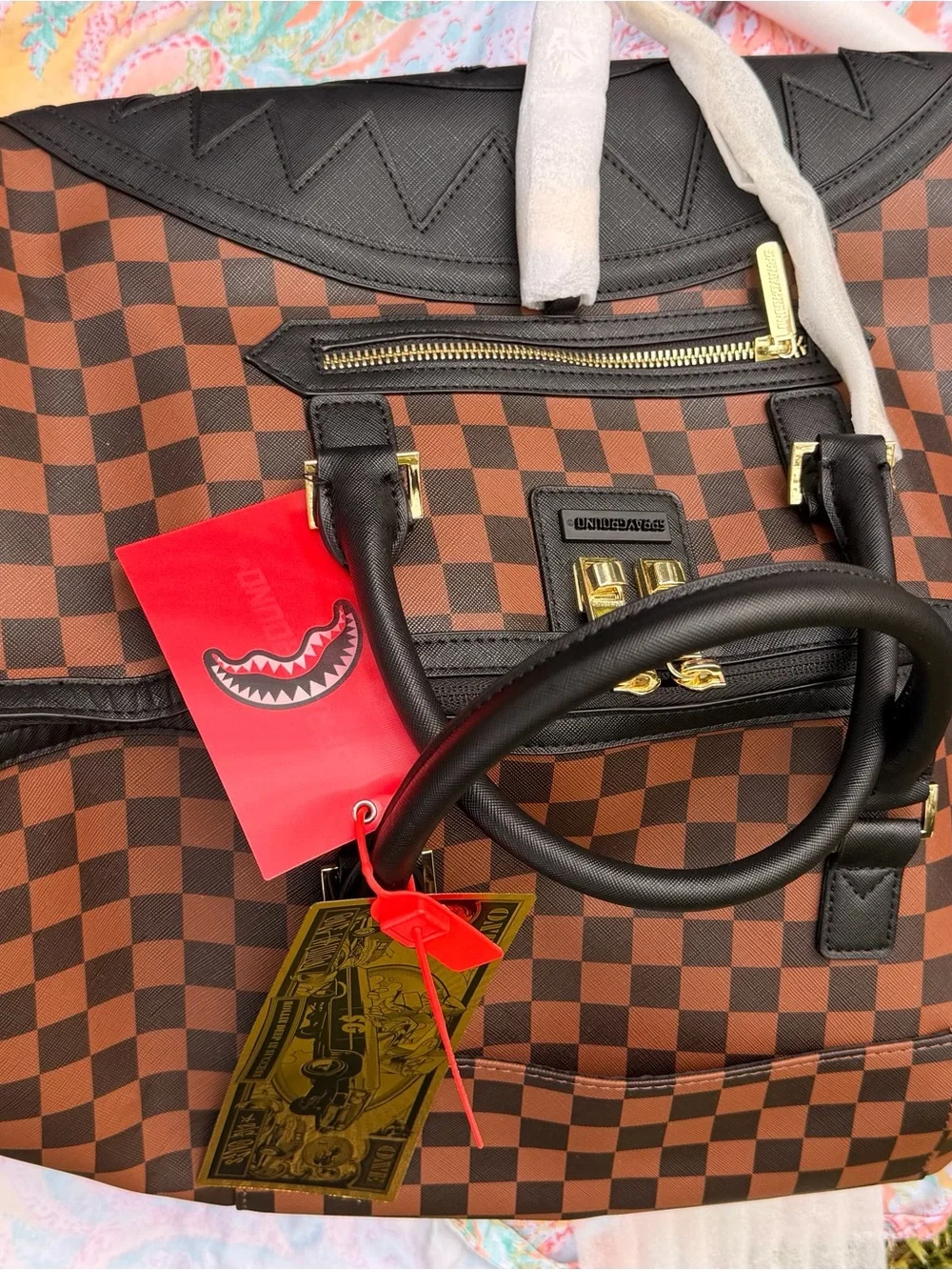Sprayground Brown Checkerboard Duffel with Black Trim and Gold Hardware